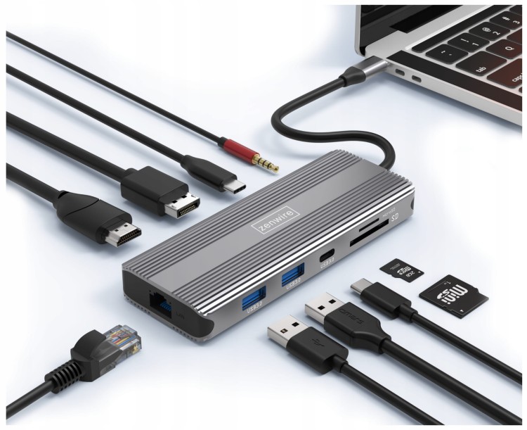 HUB USB-C 10w1 Display Port 1.4 HDMI 2.1 8K 4K 120Hz 60Hz Full HD 144Hz USB 3.0 SD Power Delivery 100W Macbook M1 M2 M3 M4 Zenwire - zdjęcie 1