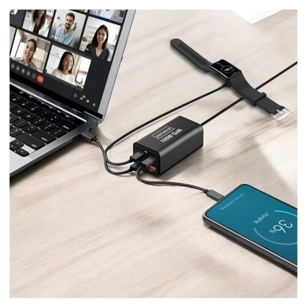 Ładowarka Sieciowa Zasilacz 100W Kostka GaN III Kabel AC 2x USB-C 65W 2x USB-A Zenwire YMS-608 - zdjęcie 5