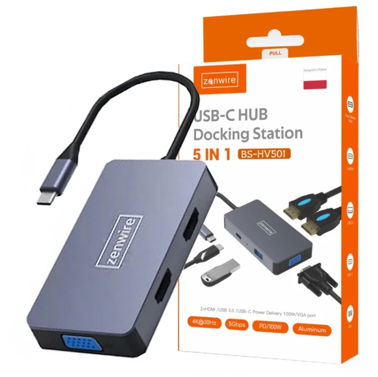 ADAPTER HUB 5W1 USB-C 2x HDMI 4K VGA USB 3.0 PD ZENWIRE - zdjęcie 1