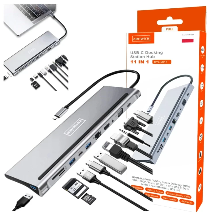 STACJA DOKUJĄCA HUB USB-C 11w1 VGA RJ45 HDMI 4K do Macbook M1 M2 M3 Zenwire BYL-2017 - zdjęcie 1