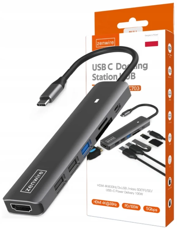 HUB ADAPTER USB-C 7w1 HDMI 4K USB 3.0 SD PD kompatybilny z Macbook M1 M2 M3 LED Zenwire BS-HC703 - zdjęcie 1