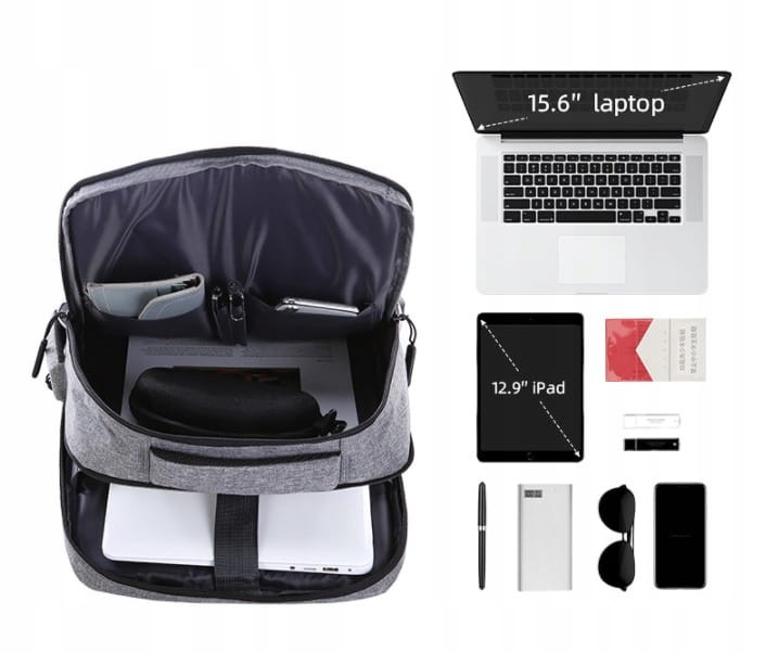 PLECAK NA LAPTOPA TORBA 2w1 SZARY USB 15 15,6 CALI - zdjęcie 5