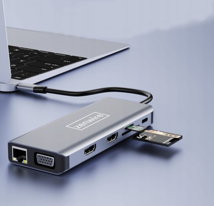 ADAPTER HUB 12w1 USB-C 2x HDMI VGA USB 3.0 Gigabit Ethernet RJ-45 mini Jack SD LAN Zenwire - zdjęcie 3