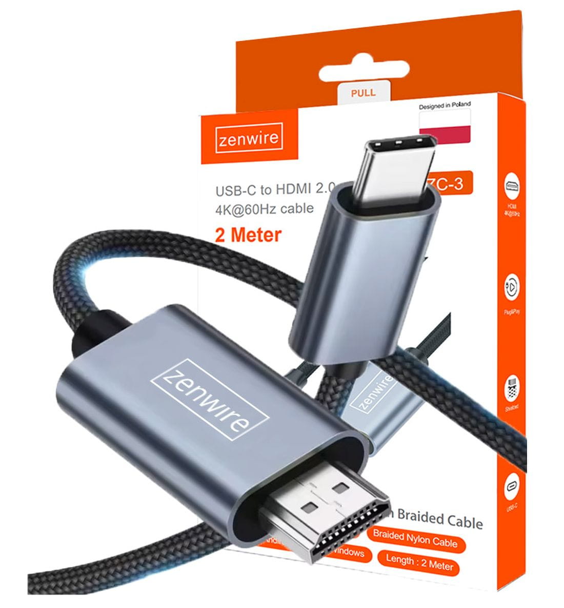 KABEL ADAPTER Przejściówka USB-C 3.1 typ C HDMI 2.0 4K 60Hz MHL 2m Zenwire ZC-3 - zdjęcie 1